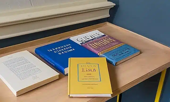 Un estante con libros de leyes antiguos y un tomo abierto sobre la mesa