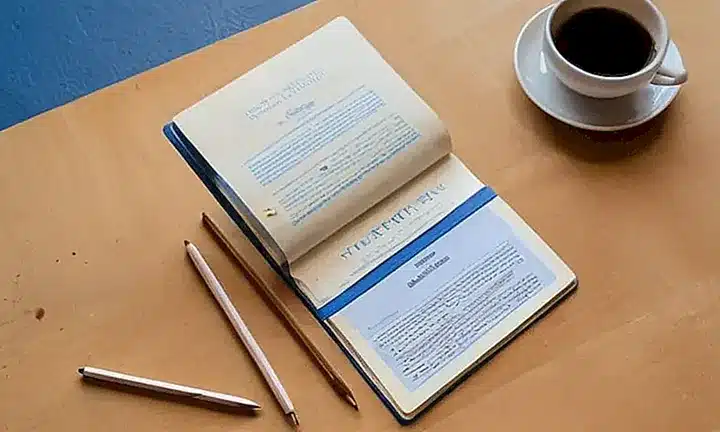 Un carpeta amarillenta tiene sus páginas desplegadas en una mesa con papeles dispersos y manchas de café