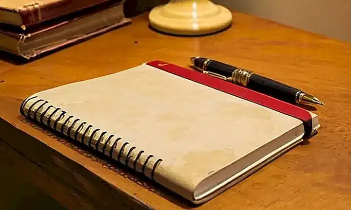 En una mesa desordenada reposa un cuaderno de madera con un listón en rojo y amarillo emborrachado sobre un fondo blanco descolorido