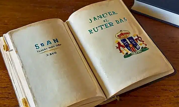 El libro es una edición en piel gastada con detalles de filigrana dorada, contiene textos impresos en tinta negra y tiene anotaciones y daños mínimos