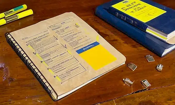 Un libro está abierto sobre una mesa de madera con papeles y documentos desordenados