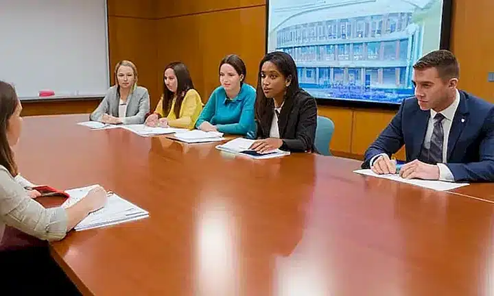 Un grupo diverso de jóvenes adultos estudia intensamente en una sala de conferencias de un edificio gubernamental