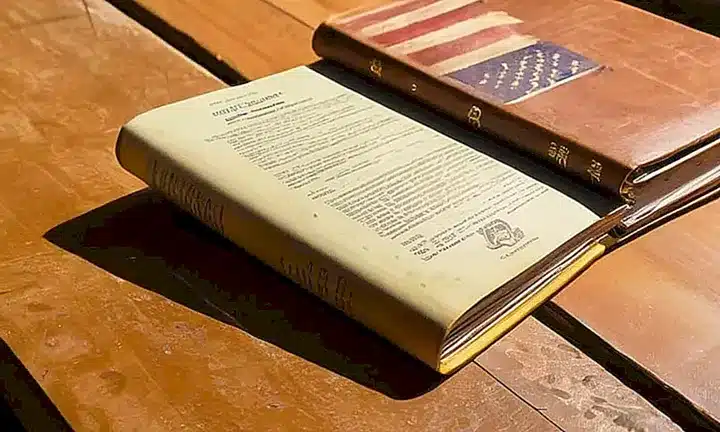 Un pasaporte desgastado yacía abierto en una mesa de madera con un ambiente acogedor iluminado débilmente por el sol