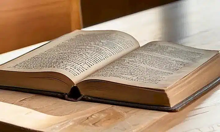 Un libro viejo y gastado con letras en español destaca en un escritorio rodeado de detalles decorativos