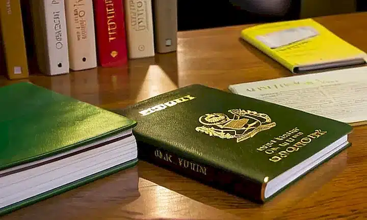 Una guía para el examen de ciudadanía española reposa sobre una mesa de madera con poca luz