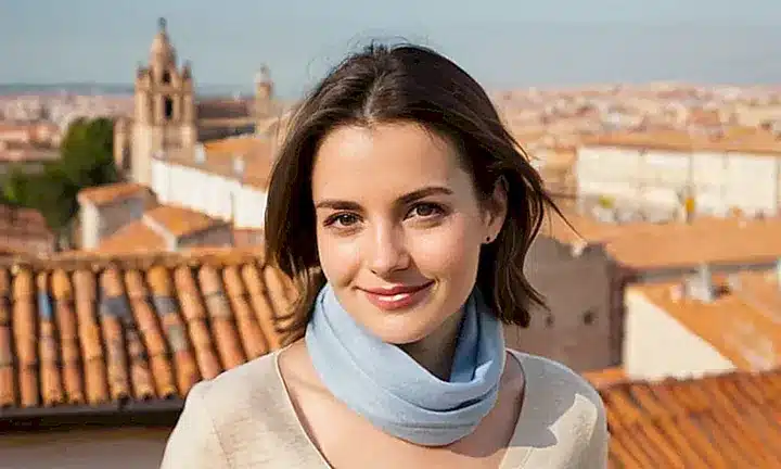 Una mujer sonriente con un fondo de una antigua libreta española abierta llena de textos en español
