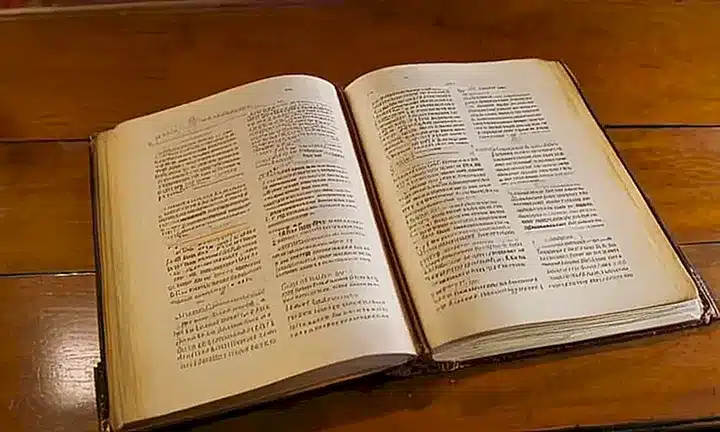 Un libro desgastado y una hoja de papel con texto están sobre un escritorio viejo