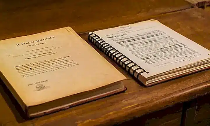 Un antiguo libro de cuero con la portada abierta se encuentra sobre un escritorio con una luz suave que ilumina las hojas decoloradas y arrugadas