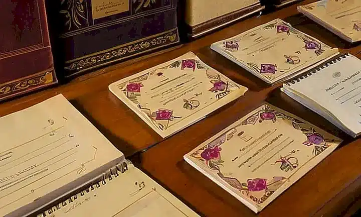 En una mesa de madera cubierta de polvo reposan varios carpetas desgastadas con documentación administrativa y certificados