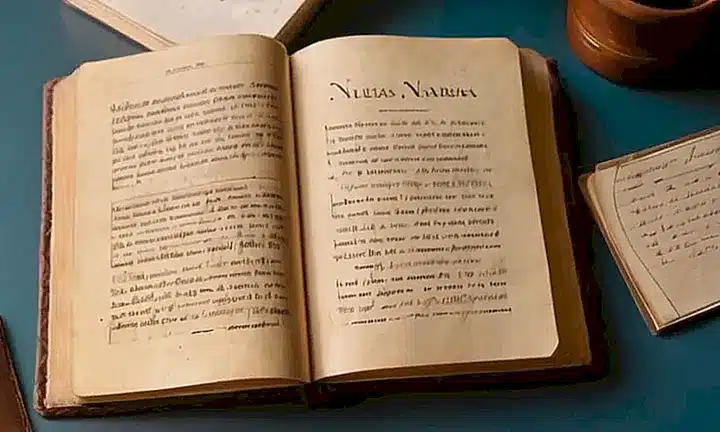 Un libro bien usado reposa sobre un escritorio lleno de objetos, con notas a mano y sombreados bajo la luz fluorescente