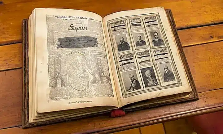 Una guía antigua de España reposa sobre una mesa desordenada, con notas y marcas en las páginas amarillentas