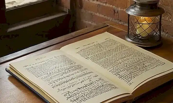 Un antiguo libro de guía está abierto en un escritorio polvoriento con notas y mapas esparcidos por él