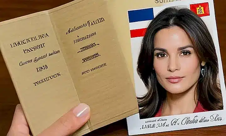 Una página abierta de un pasaporte antiguo muestra una foto de una joven mujer y su información personal organizada en columnas
