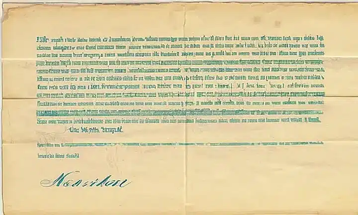 Un documento gubernamental amarillento con líneas azules y borrones de tinta en una fuente de letra plana