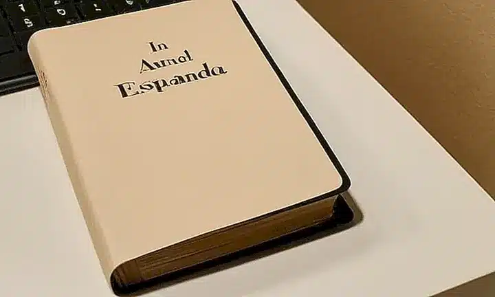 En una mesa se encuentran varios documentos personales como fotos, pasaportes y un formulario de ciudadanía española, con la luz del monitor enfocándolos