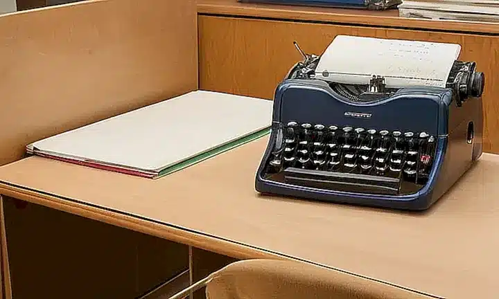 Un escritorio antiguo y una silla de la oficina están rodeados por un lienzo blanco con notas a mano, un archivo metálico y una máquina de escribir