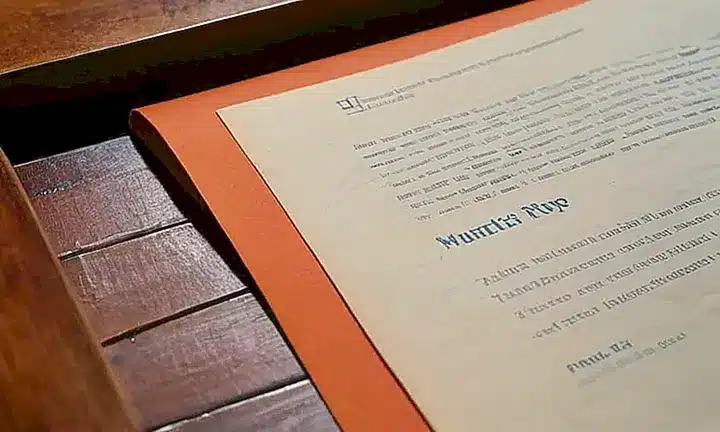 Se muestra un antiguo documento desgastado en una mesa con luz natural que proporciona un brillo cálido