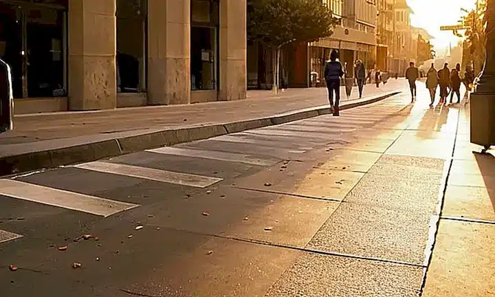 La calle de la ciudad a la caída del sol se llena de vida con personas caminando bajo una luz dorada y suaves sombras
