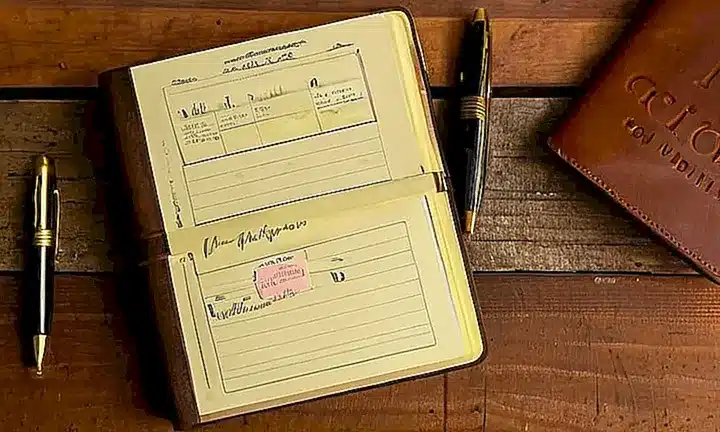 Un libro de notas repleto con notas y documentos manuscritos está abierto sobre un escritorio desordenado bajo la luz difusa del día