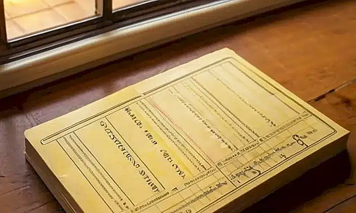 En una habitación oscura y tranquila, un Documento Nacional de Identidad español descansa sobre una mesa antigua con detalles intrincados