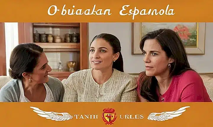 La imagen presenta un fondo beige con una bandera española en la parte superior izquierda y una ilustración de una familia en el centro