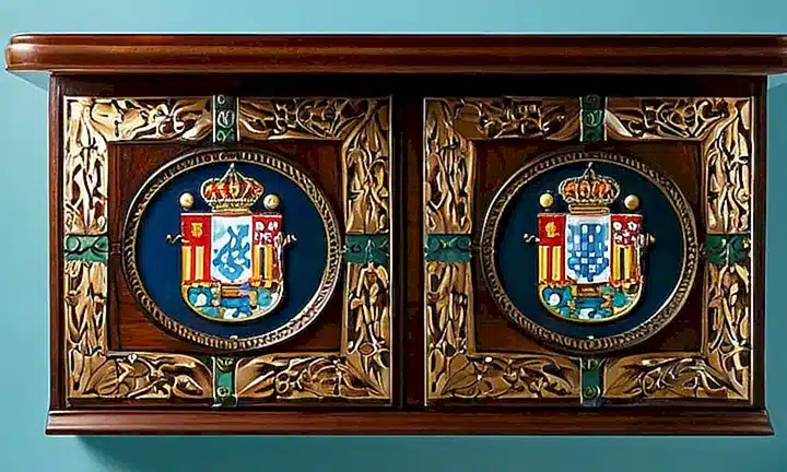 La escena describe un estudio con una mesa de escritorio clásica de madera oscura en primer plano