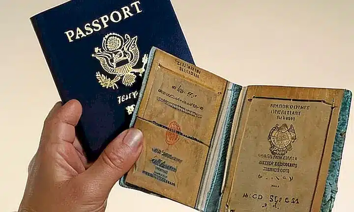 Un antiguo pasaporte gastado se sostenía en una mano enguantada, con vistas de viajes visibles a lo largo de cada página