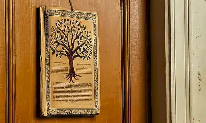La ancestral familia española se refleja en un antiguo álbum familiar con detalles decorativos y texturas naturales expuestos ante la luz tenue de una habitación antigua