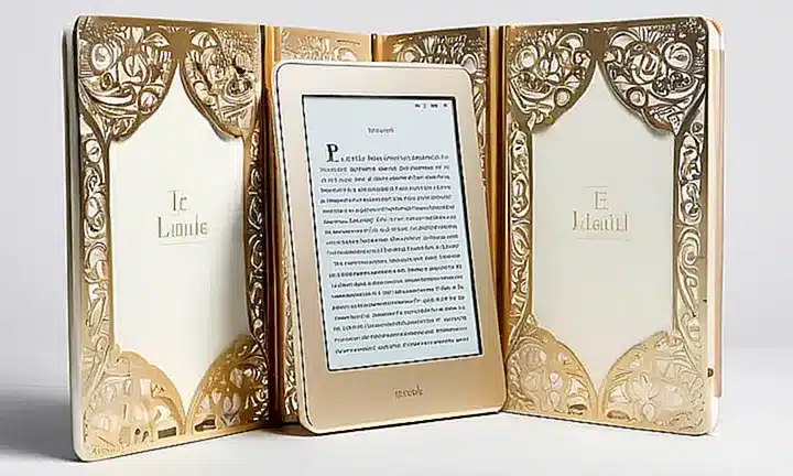 Un lector portátil está apoyado a un fondo blanco con una gradación suave de tonos blancos hacia los bordes, mostrando una estantería virtual de libros