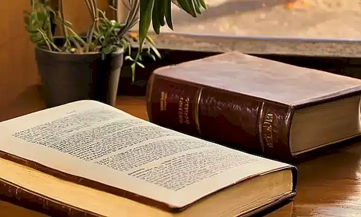 Una vieja y encabalgada librería estaba cubierta de papeles y objetos en desorden