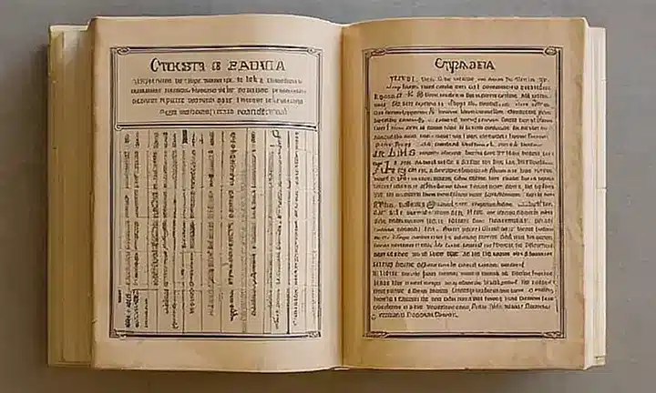 Un libro amarillento viejo reposa abierto en una mesa grisácea