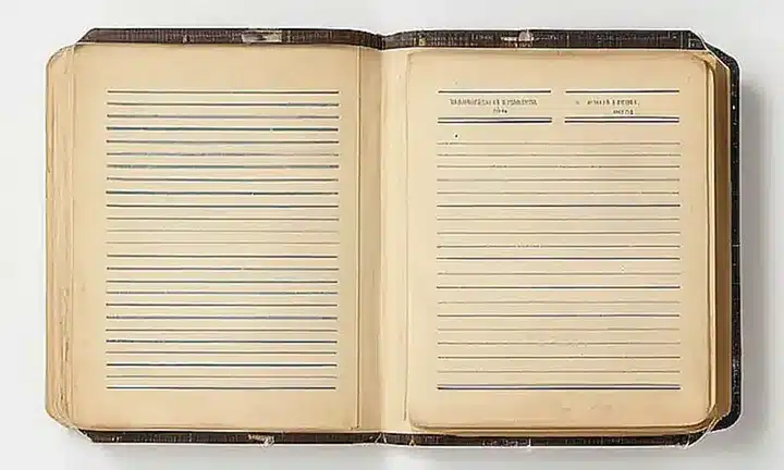 El libro está mostrando señales de uso y deterioro, como papel gastado y descolorido, pliegues suaves y bordes doblados