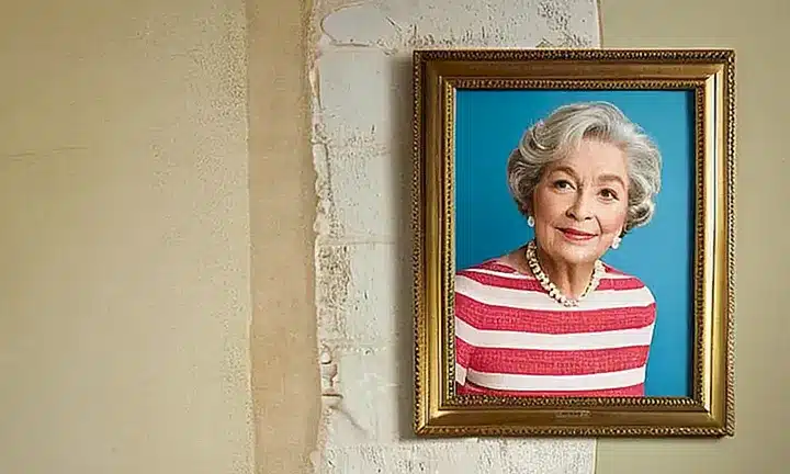 Una pared gris apagado con una foto antiguada de una anciana sonriendo sobre un cartel desgastado llamando a obtener ciudadanía española