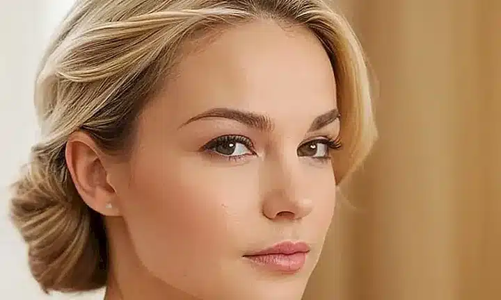 Una mujer de aspecto profesional con cabello gris y suaves matices en el rostro se muestra contra un fondo beige atractivo