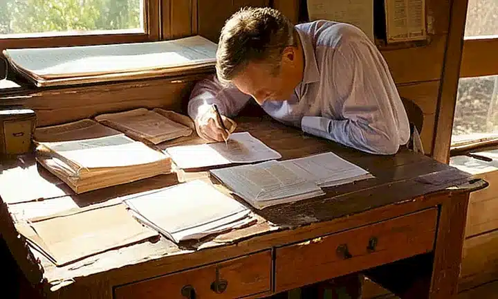 Un hombre de mediana edad trabaja en su escritorio, con papeles esparcidos y luz cálida filtrada desde la ventana tras él