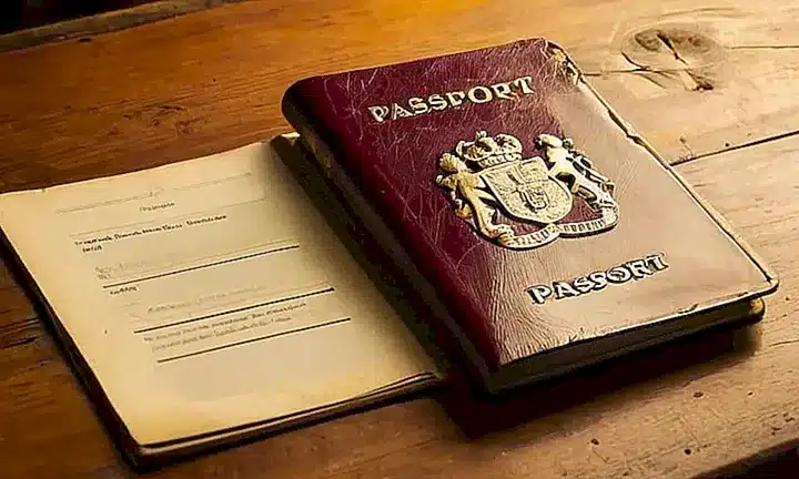 Un pasaporte gastado y de cuero reposa abierto sobre una mesa desordenada iluminada débilmente por la luz que entra desde una ventana cercana