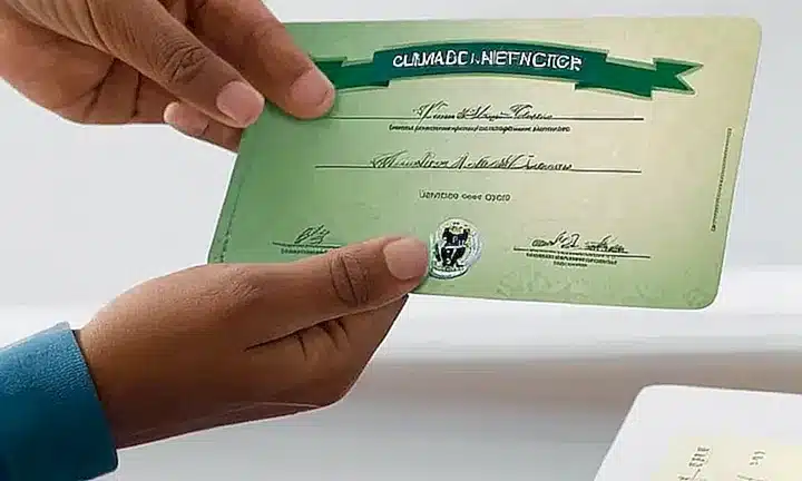 La imagen muestra una página de gobierno con un fondo neutro y detalles en verde que describen los requisitos para obtener una tarjeta verde