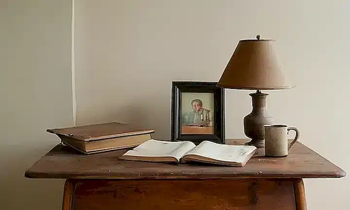 Una mesa de madera cansada está colocada en un ángulo suave contra una pared blanca, rodeada por elementos informes y lujosamente simples