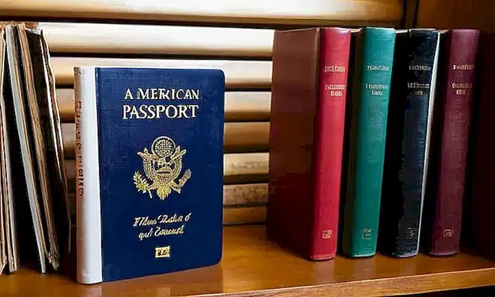 Una estantería con libros sobre pasaportes y inmigración estadounidense está iluminada suavemente por una ventana