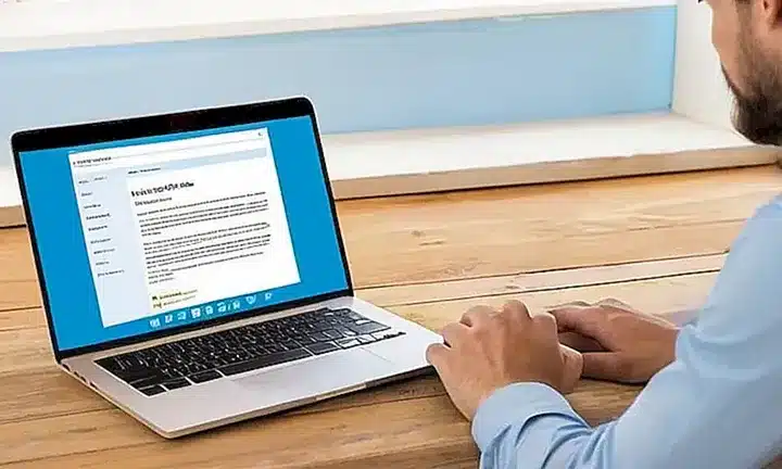 La imagen es de un hombre sentado con una laptop en una mesa de madera abierta a un sitio web en español