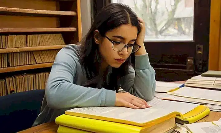 Una persona con gafas y ascendencia latinoamericana estudia intensamente en una habitación con poca luz