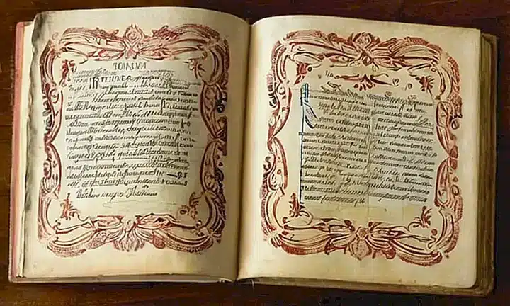 En una habitación antigua, un libro vespertino desgastado descansa sobre una mesa de madera, rodeado por patrones de enredo de oro y polvo que baila bajo la luz del sol