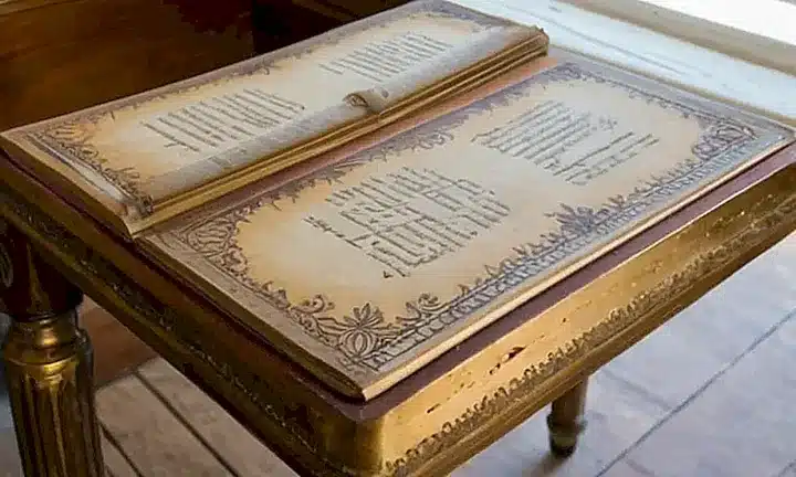 En una habitación atemporal y con un ambiente antiguo, un libro gastado descansa sobre una mesa de madera vieja con la luz suave del día filtrándose a través de las ventanas