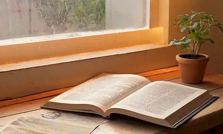 La habitación está iluminada por el sol ocaso y se ven algunas cosas personales como libros y revistas en un escritorio desordenado