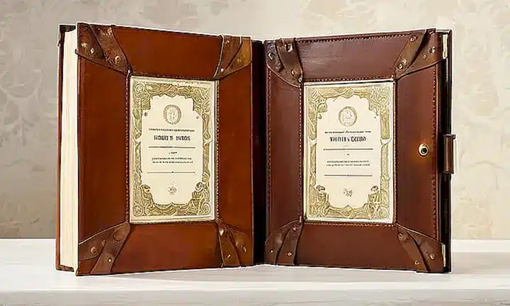 Un libro encuadernado con cubierta de cuero antigua descansa sobre una mesa de teak en un ambiente iluminado por la luz del día, rodeado de recuerdos familiares y objetos anticuario