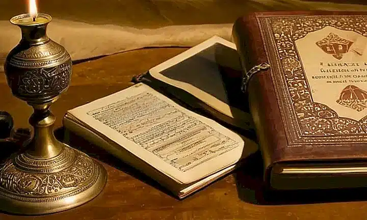 La imagen representa un escritorio antiguo con documentos y objetos dispersos a su alrededor