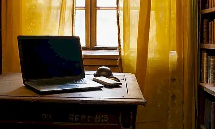 Una habitación antiquada con libros y una mesa cubierta de polvo donde hay un portátil enfocado suavemente entre un conjunto de objetos viejos