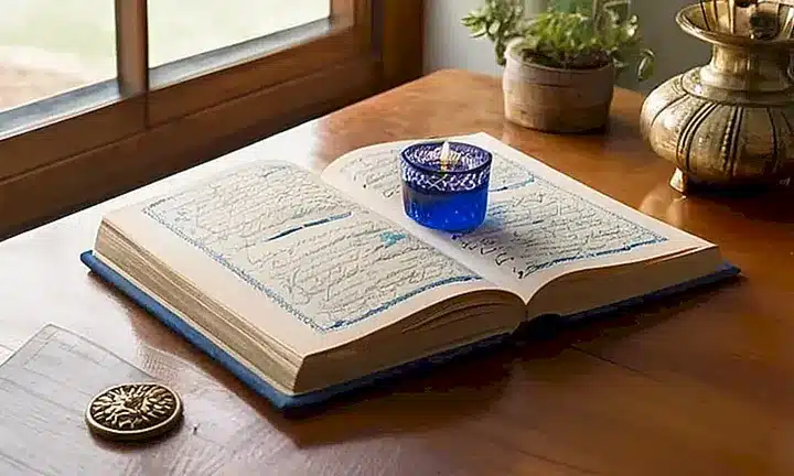 Un libro antiguo y lujoso con letras de oro se encuentra abierto en una habitación cálida y acogedora