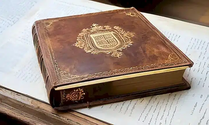 Un libro antiguo de cuero reposa en una mesa, con páginas amarillentas y estampado de oro que destella en la luz del sol