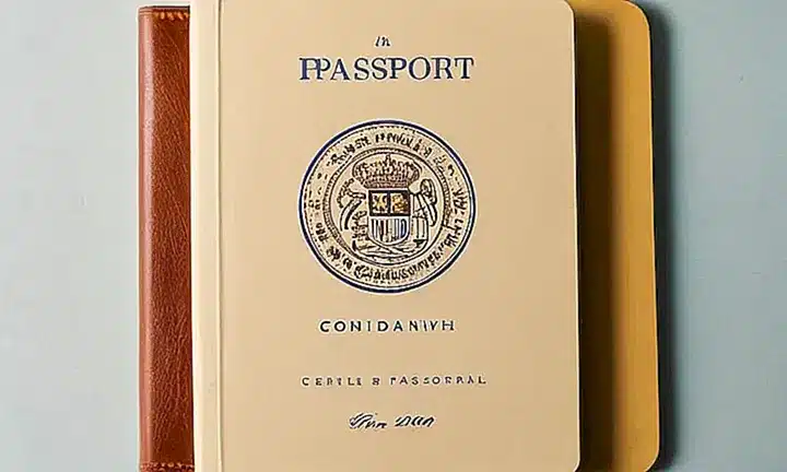 Una persona sostiene su pasaporte usado con fondo de papel texturizado y apertura de un guía para obtener la ciudadanía española junto a un bolígrafo que dejará una huella